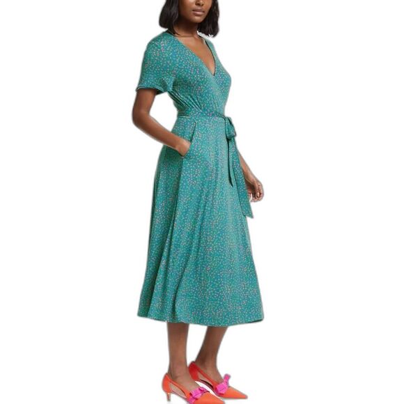 Boden Cassia Teal Speckle V-Neck Short Sleeve Jersey Knit Fit & Flare Wrap Dress - Picture 13 of 15